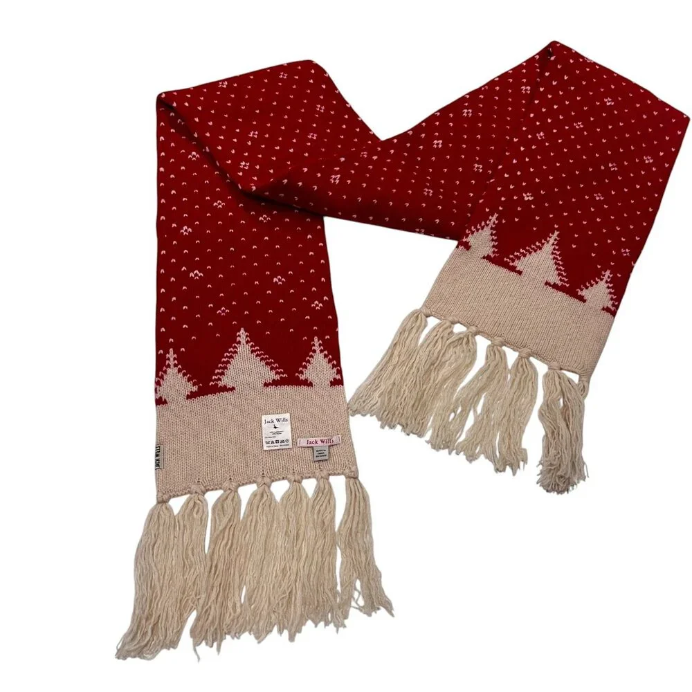 Jack Wills Wool Blend Nordic Tree Scarf, NWOT, Red Cream, OS
